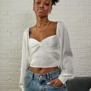 NWOT Urban Outfitters White Maya Smocked Long Sleeve Blouse